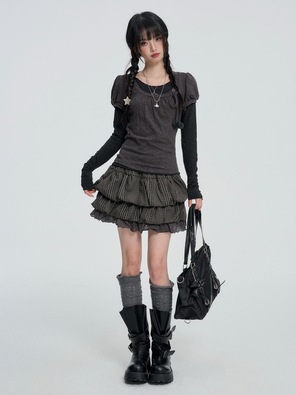 VEEMIX Plaid Bubble Cutout High Waist Cotton Women's Mini Skirts
