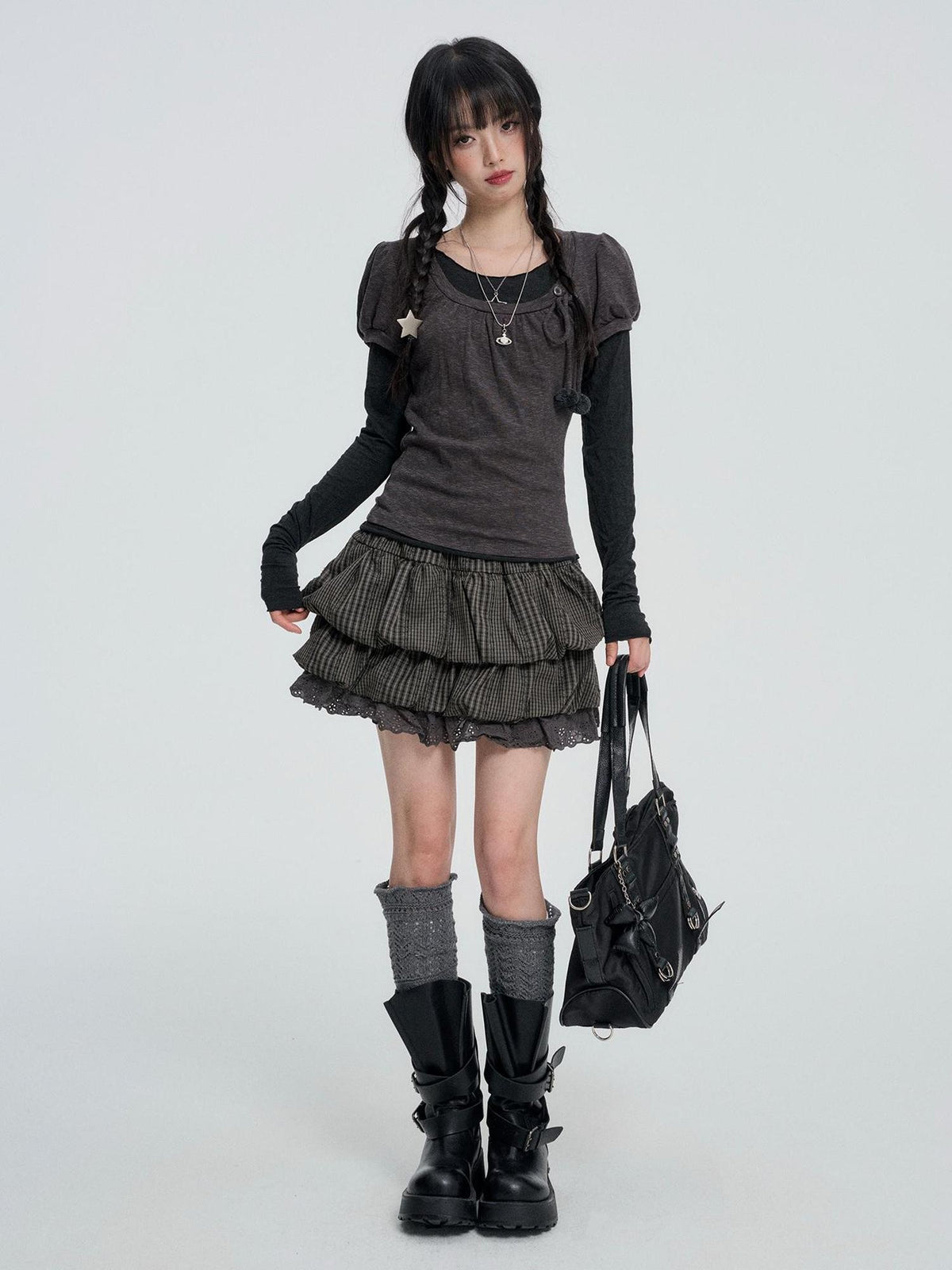 VEEMIX Plaid Bubble Cutout High Waist Cotton Women's Mini Skirts