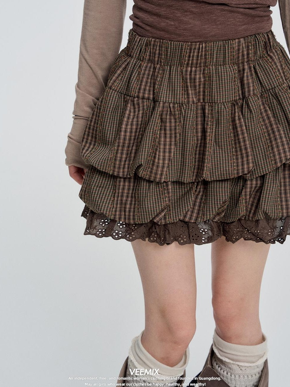 VEEMIX Plaid Bubble Cutout High Waist Cotton Women's Mini Skirts