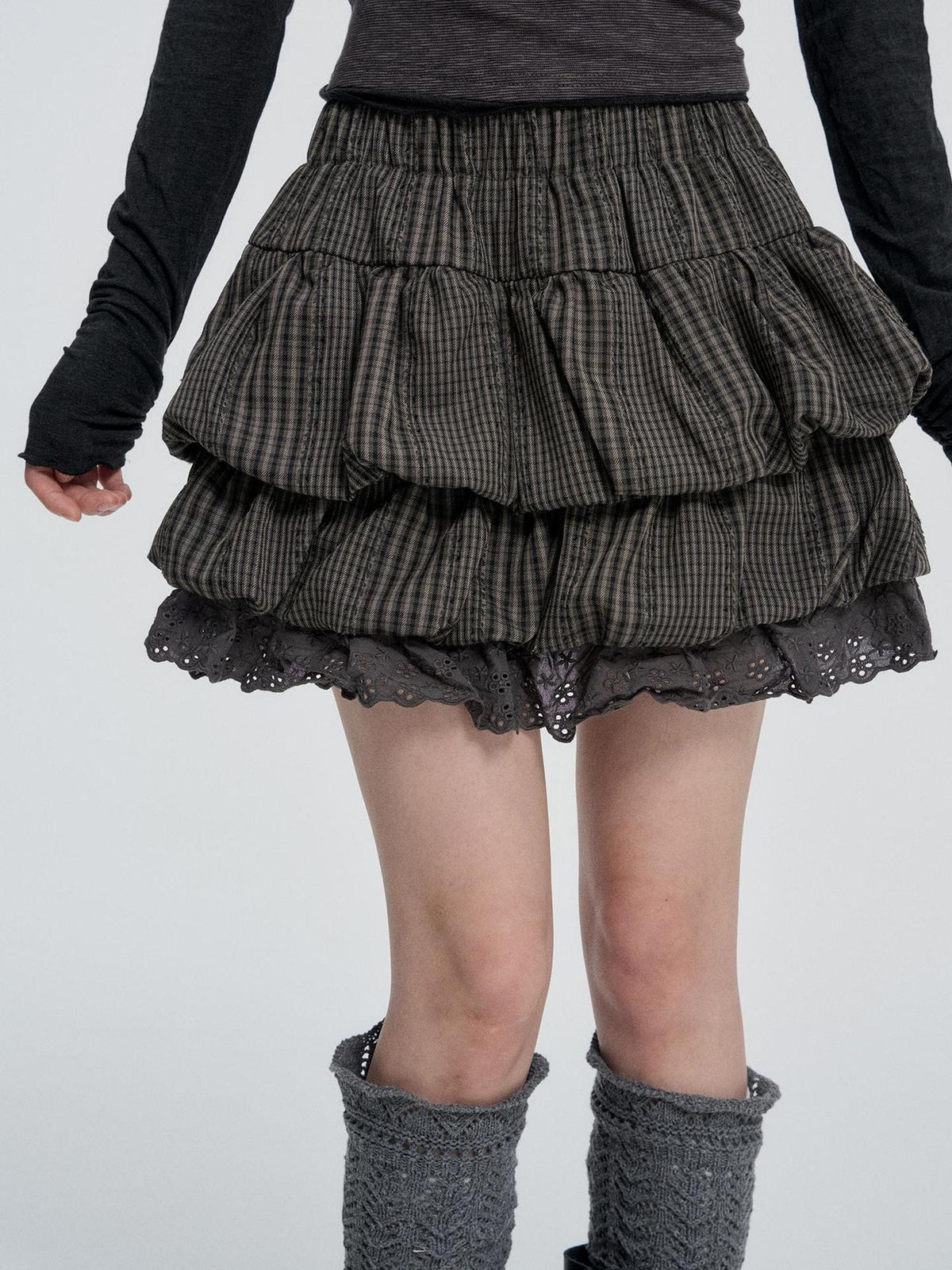 VEEMIX Plaid Bubble Cutout High Waist Cotton Women's Mini Skirts