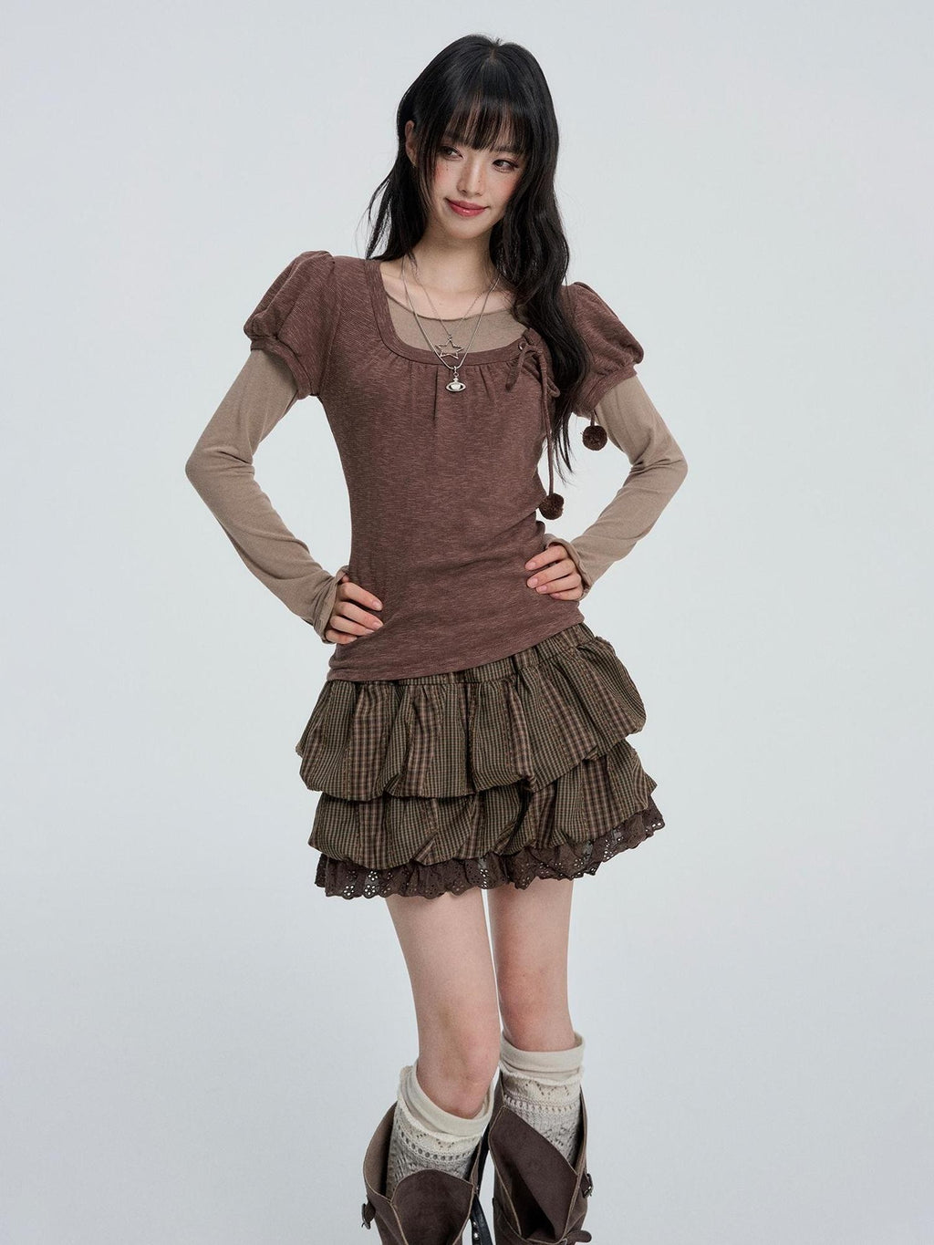 VEEMIX Plaid Bubble Cutout High Waist Cotton Women's Mini Skirts