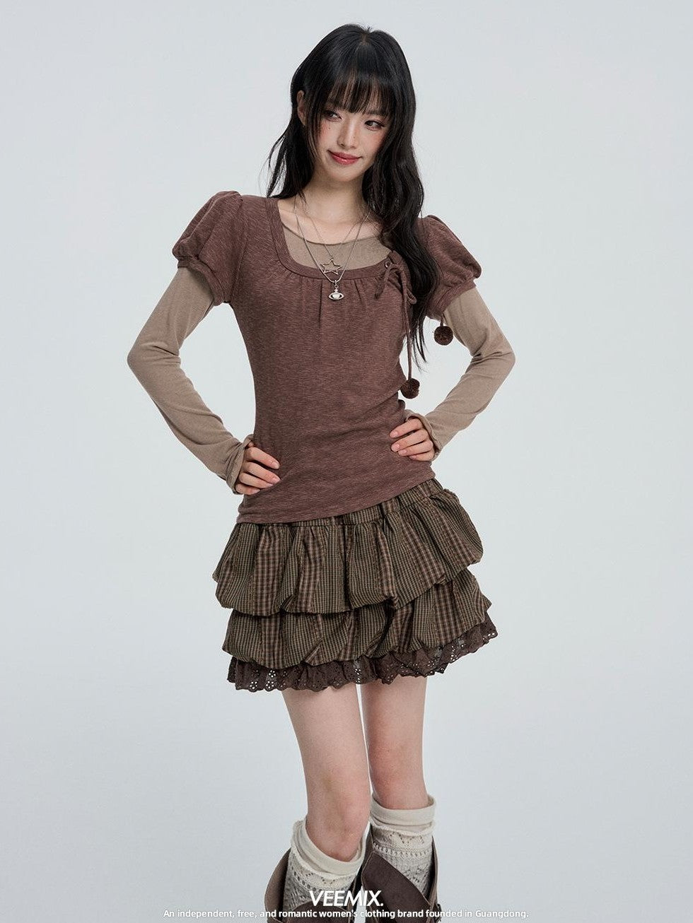 VEEMIX Plaid Bubble Cutout High Waist Cotton Women's Mini Skirts