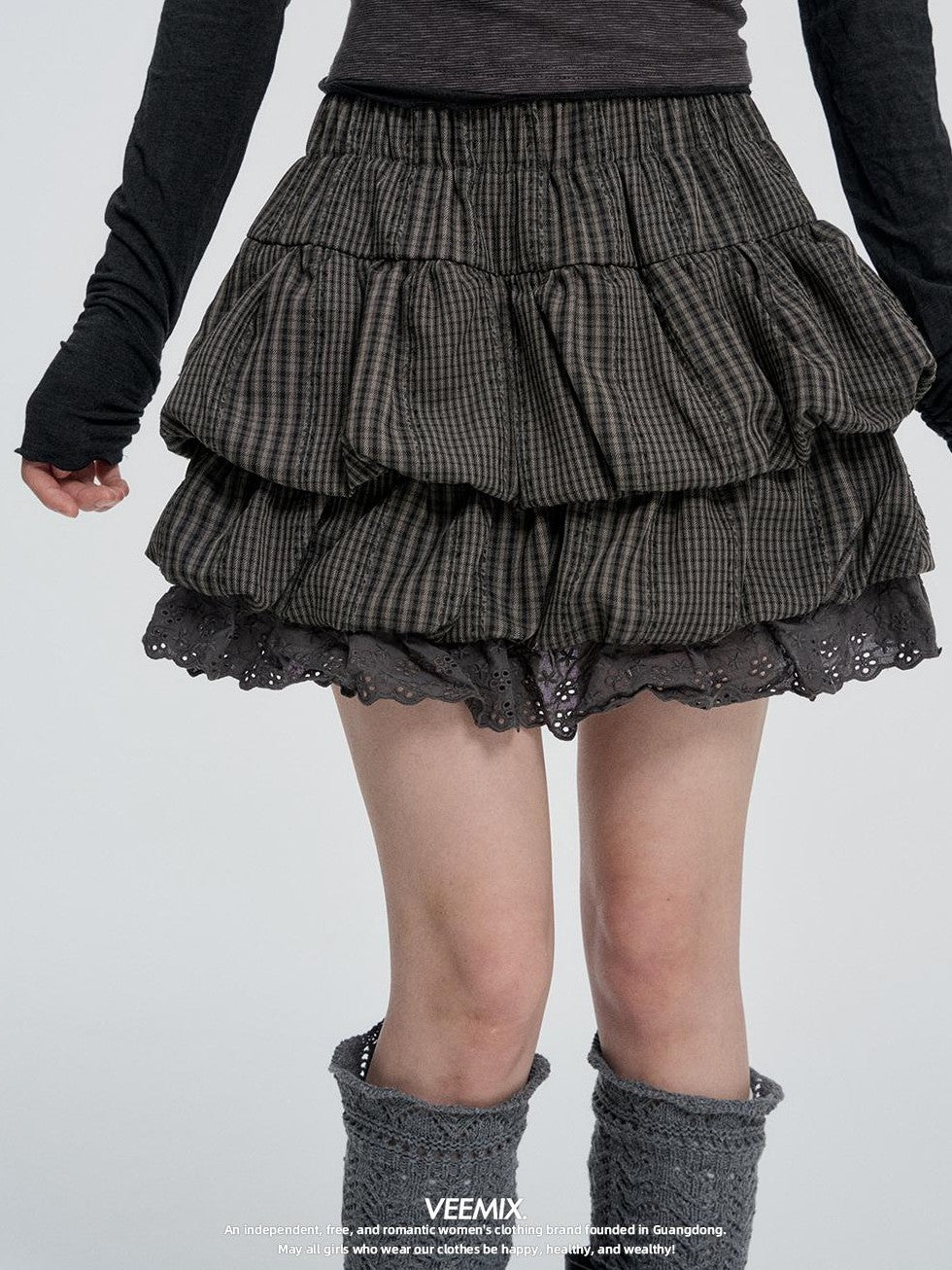 VEEMIX Plaid Bubble Cutout High Waist Cotton Women's Mini Skirts