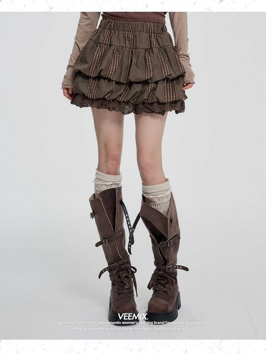 VEEMIX Plaid Bubble Cutout High Waist Cotton Women's Mini Skirts