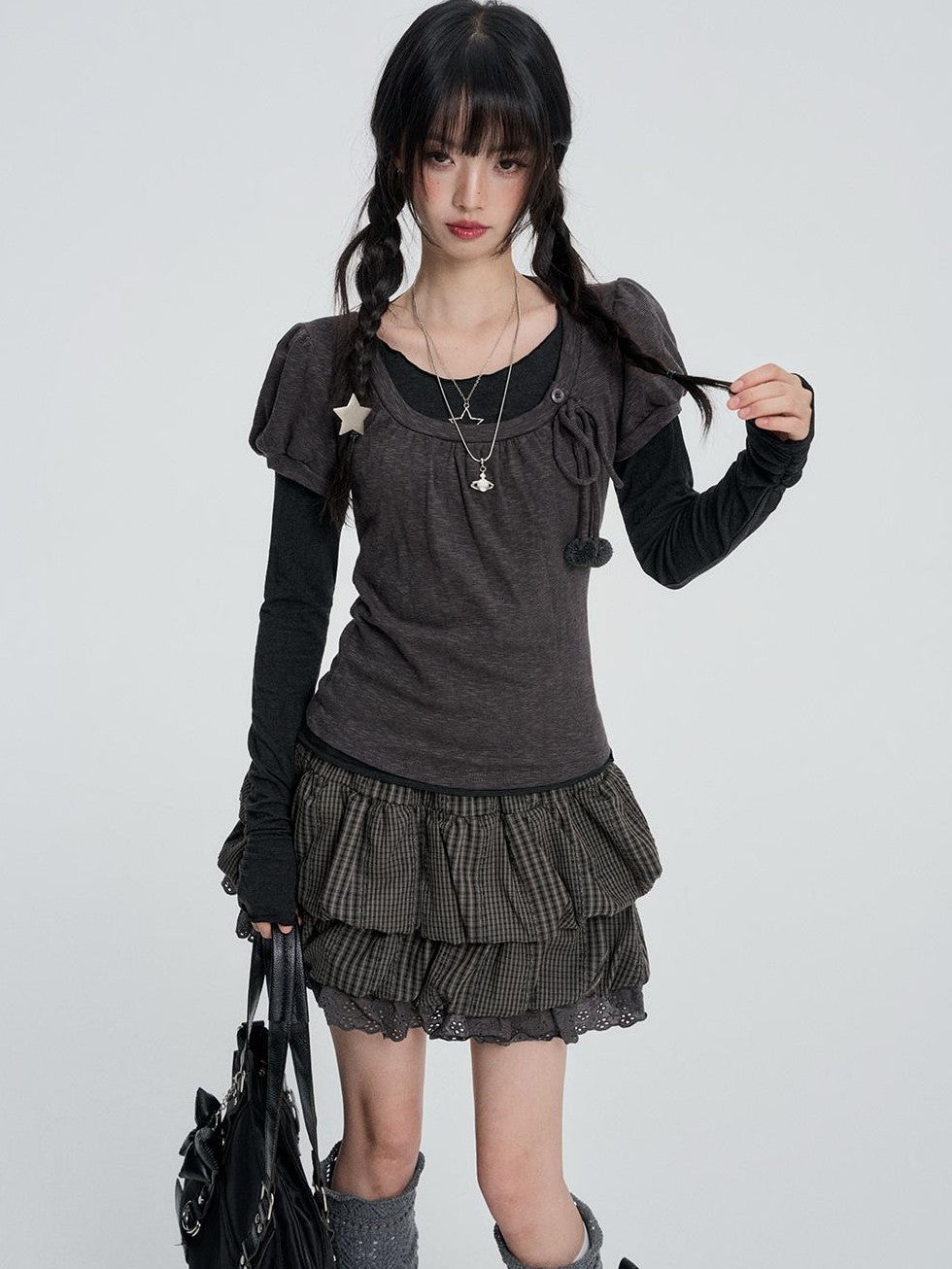 VEEMIX Plaid Bubble Cutout High Waist Cotton Women's Mini Skirts