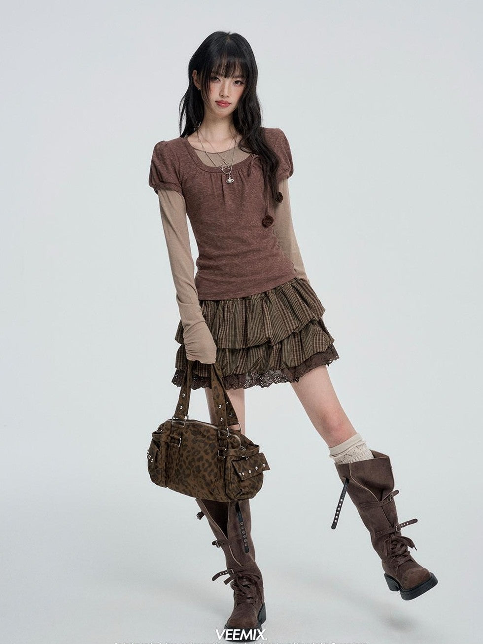 VEEMIX Plaid Bubble Cutout High Waist Cotton Women's Mini Skirts