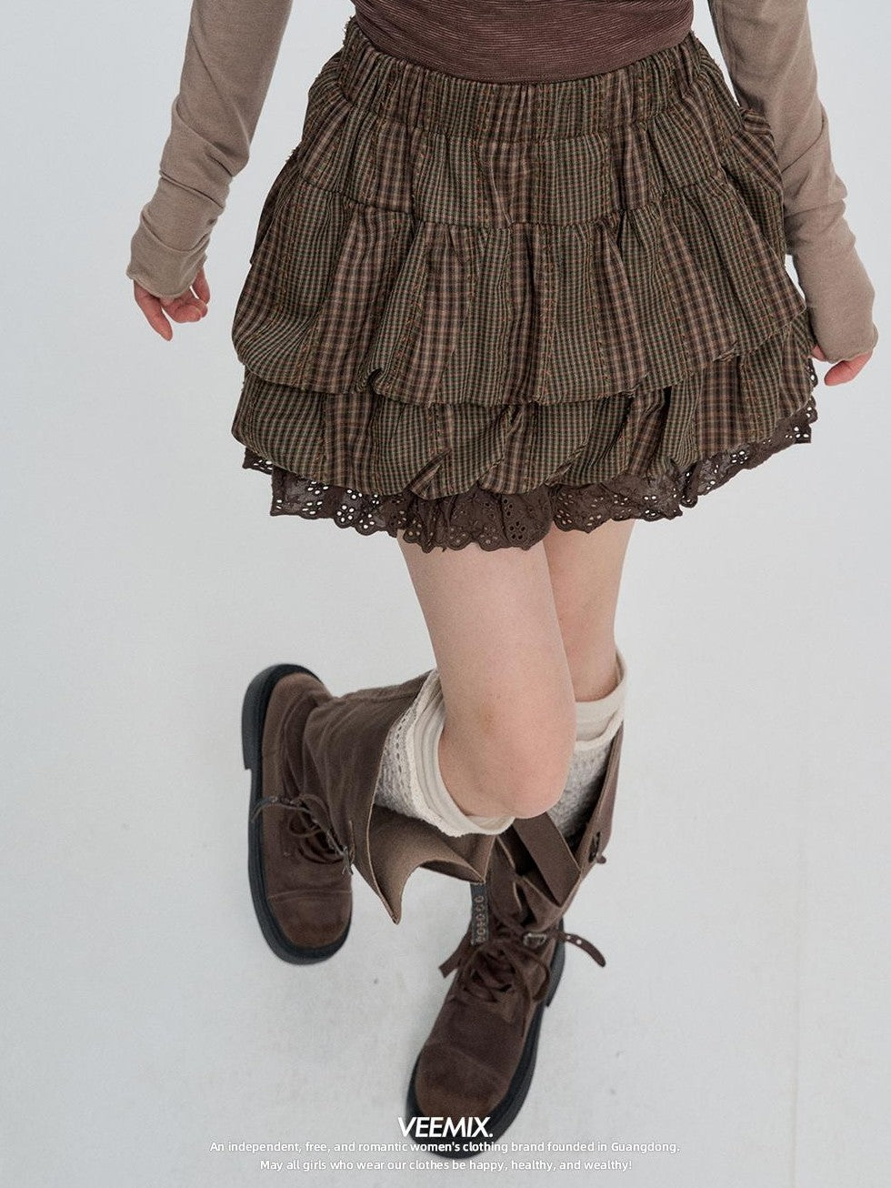 VEEMIX Plaid Bubble Cutout High Waist Cotton Women's Mini Skirts