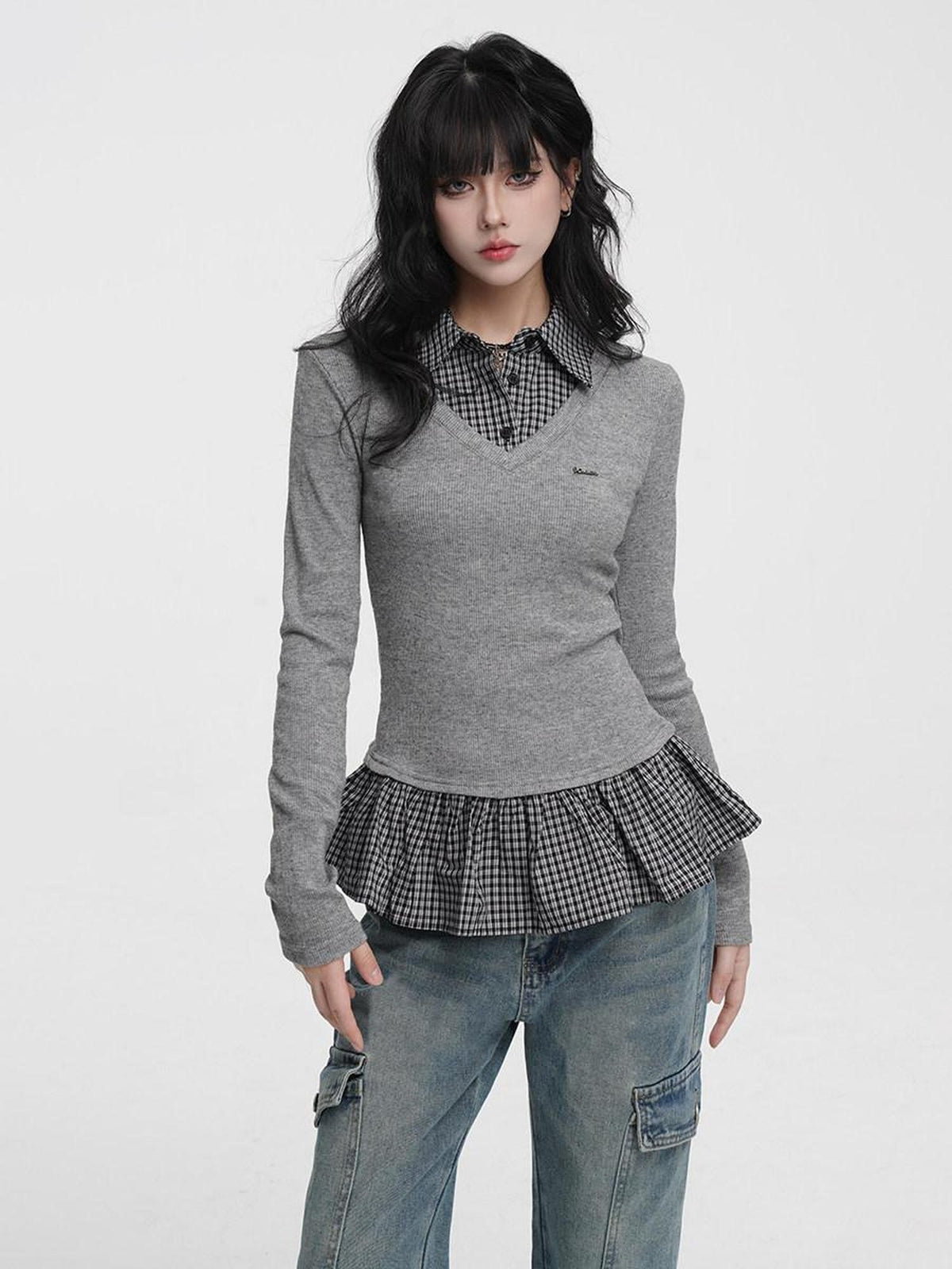 VEEMIX Plaid Faux Two Piece Contrast Patchwork Women's Polyester Long Sleeve T-shirts