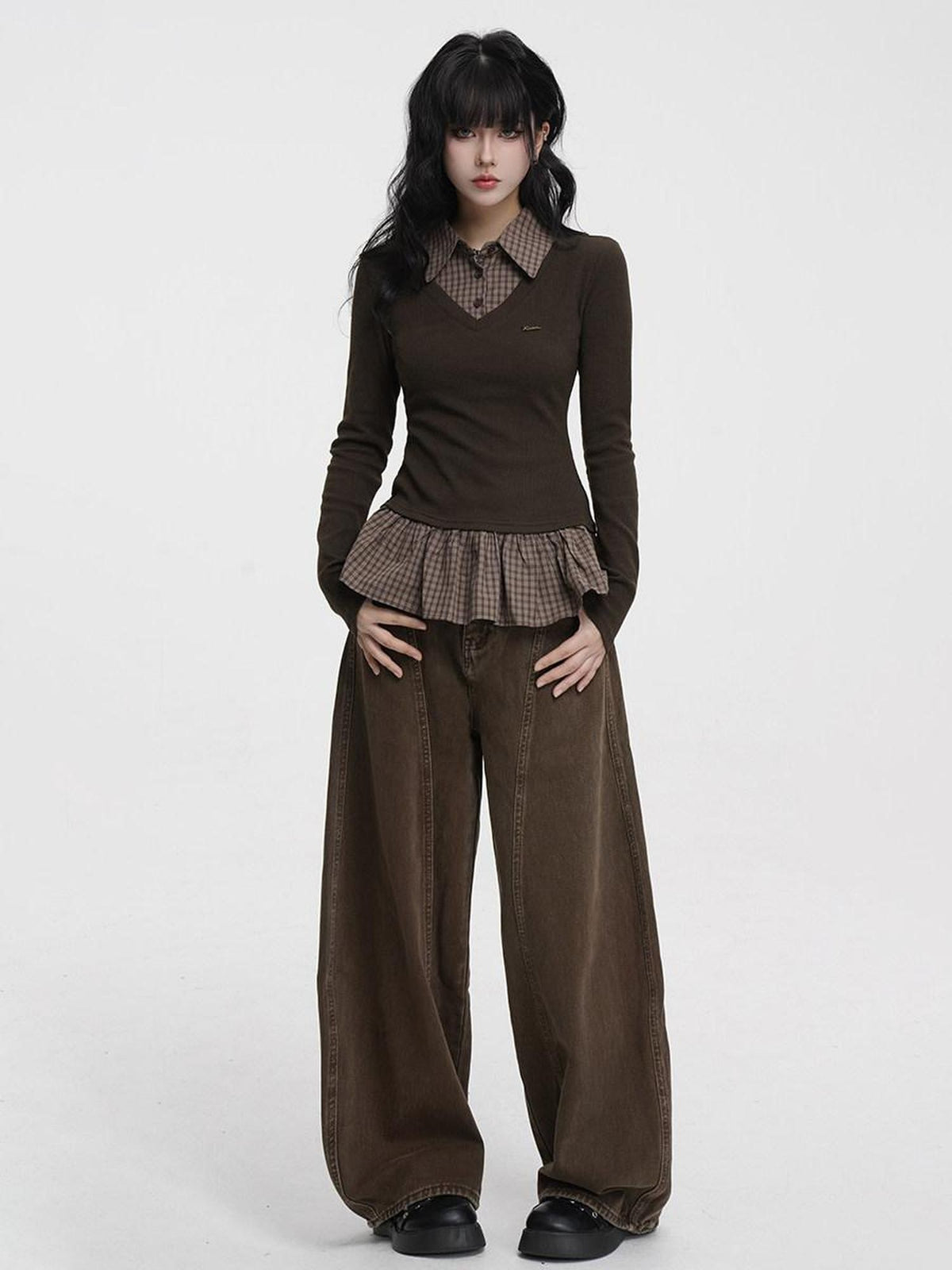 VEEMIX Plaid Faux Two Piece Contrast Patchwork Women's Polyester Long Sleeve T-shirts