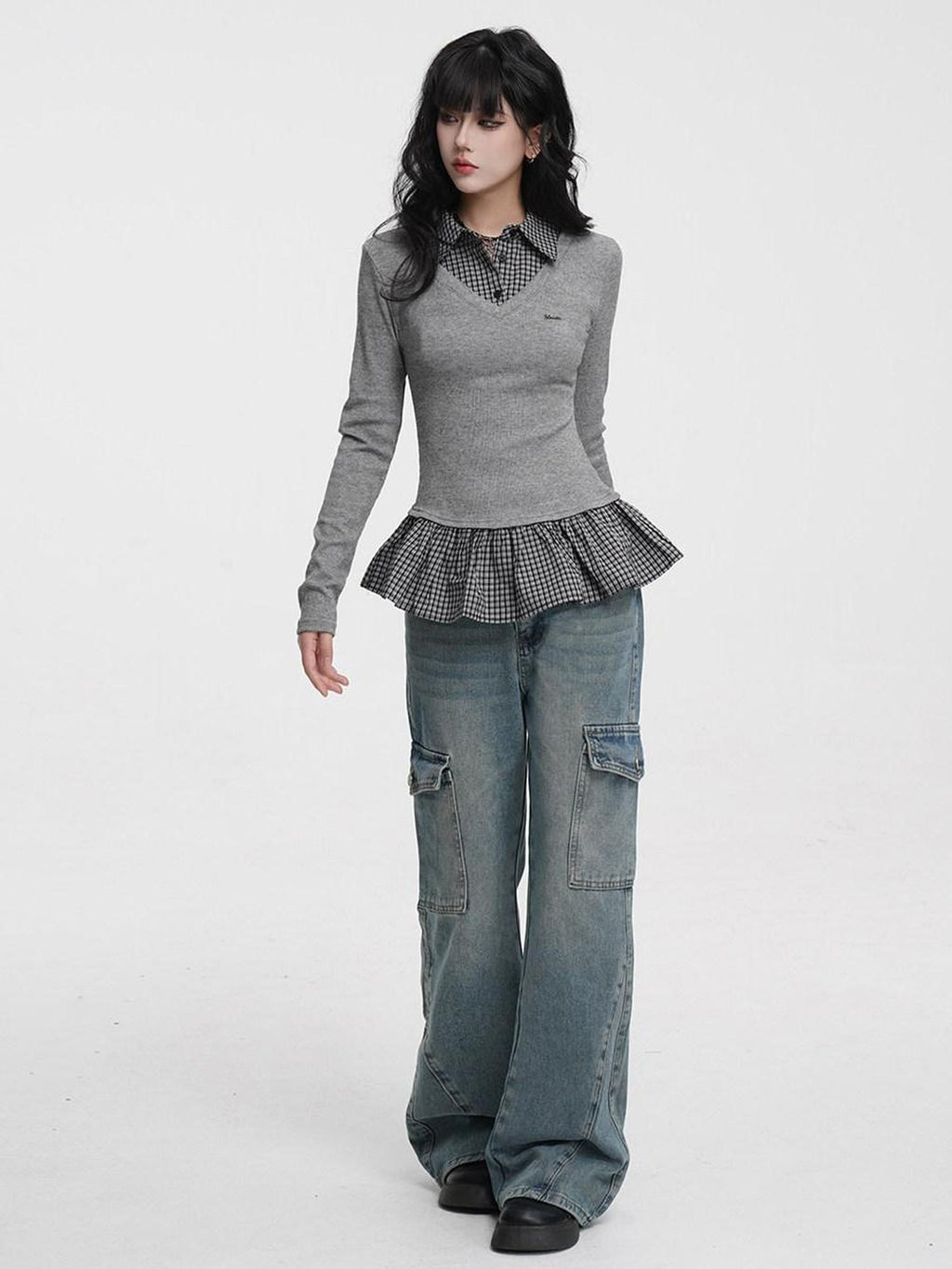 VEEMIX Plaid Faux Two Piece Contrast Patchwork Women's Polyester Long Sleeve T-shirts