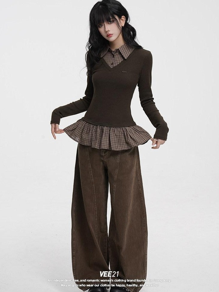 VEEMIX Plaid Faux Two Piece Contrast Patchwork Women's Polyester Long Sleeve T-shirts
