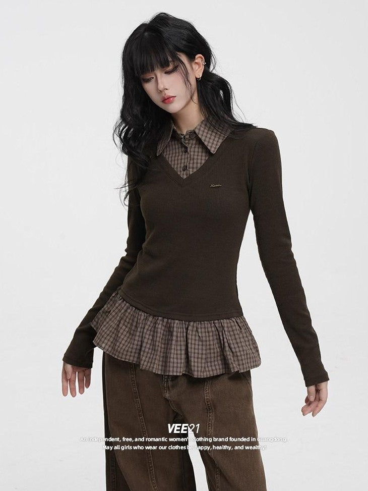 VEEMIX Plaid Faux Two Piece Contrast Patchwork Women's Polyester Long Sleeve T-shirts