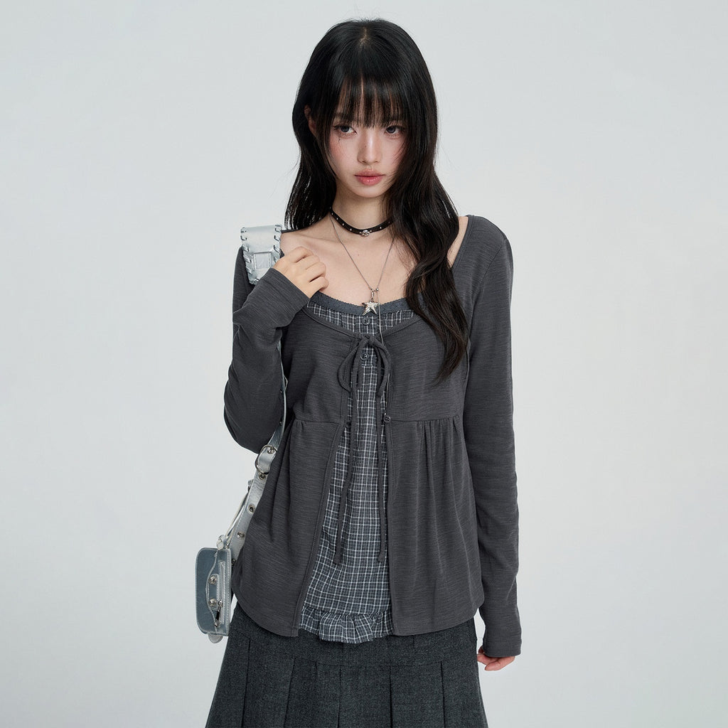 VEEMIX_Plaid_Faux_Two_Piece_Lace_Up_Women's_Cotton_Long_Sleeve_T-shirts_1082844119245_MISSTT