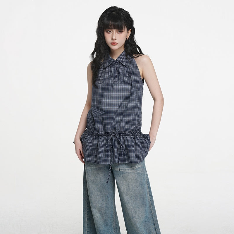 VEEMIX_Plaid_Halter_Button_Up_Ruched_Straight_Fit_Cotton_Women's_Tank_Tops_1018937638668_MISSTT