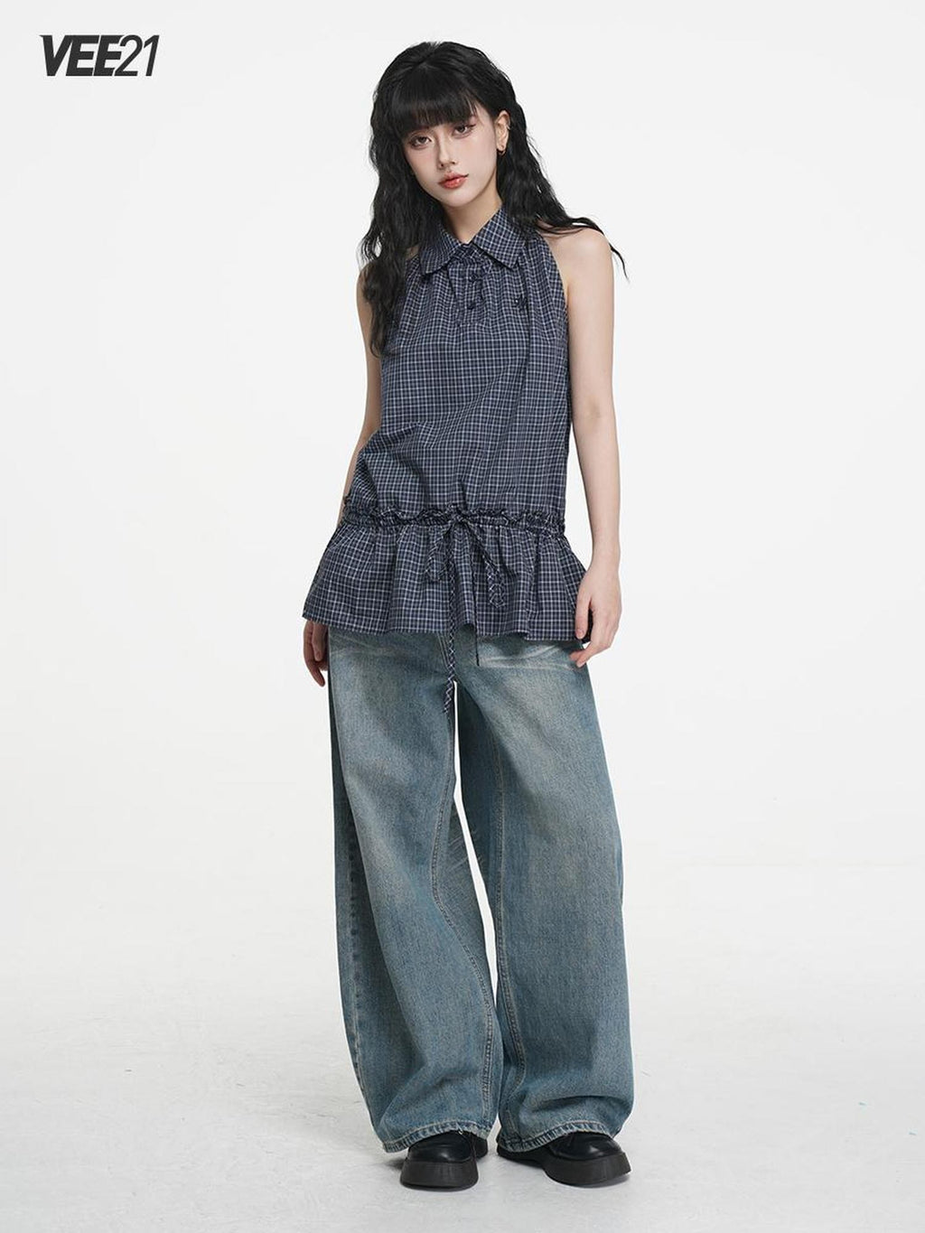 VEEMIX Plaid Halter Button Up Ruched Straight Fit Cotton Women's Tank Tops