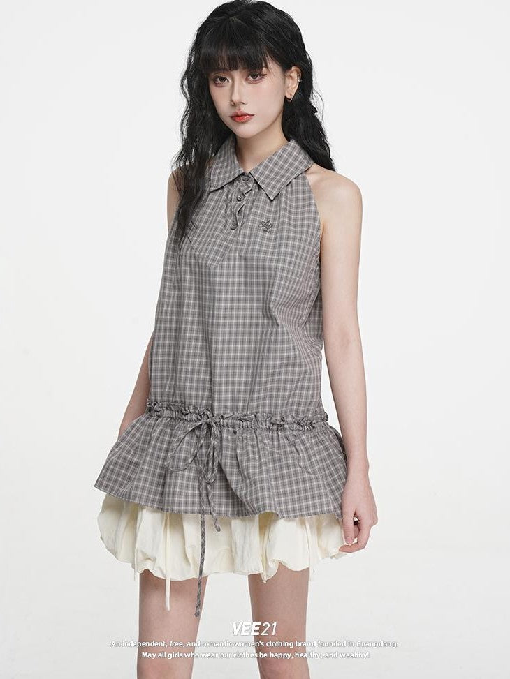 VEEMIX Plaid Halter Button Up Ruched Straight Fit Cotton Women's Tank Tops