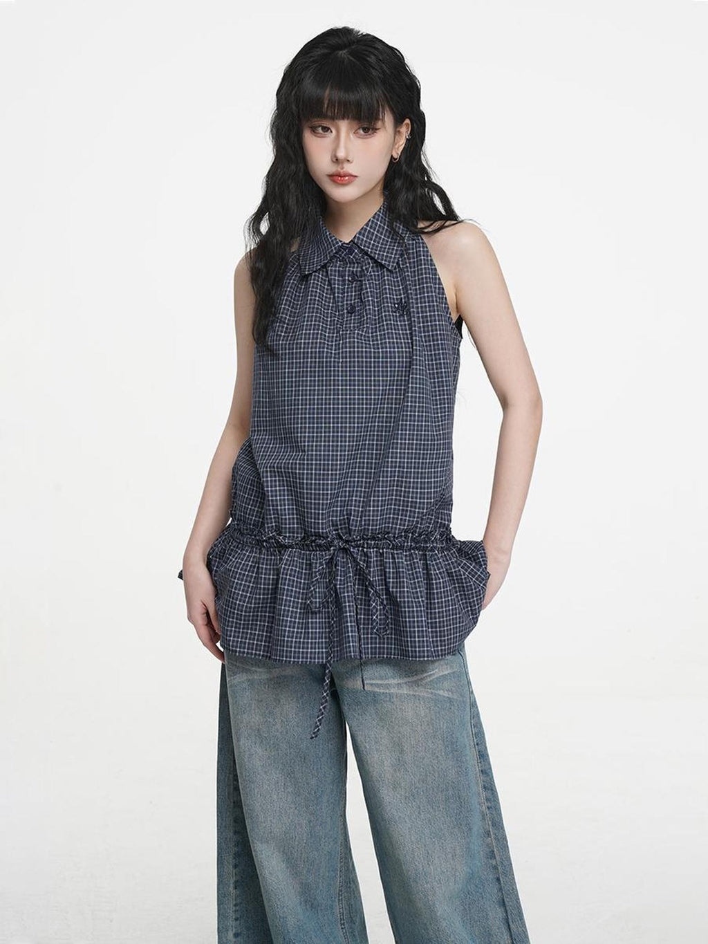 VEEMIX Plaid Halter Button Up Ruched Straight Fit Cotton Women's Tank Tops