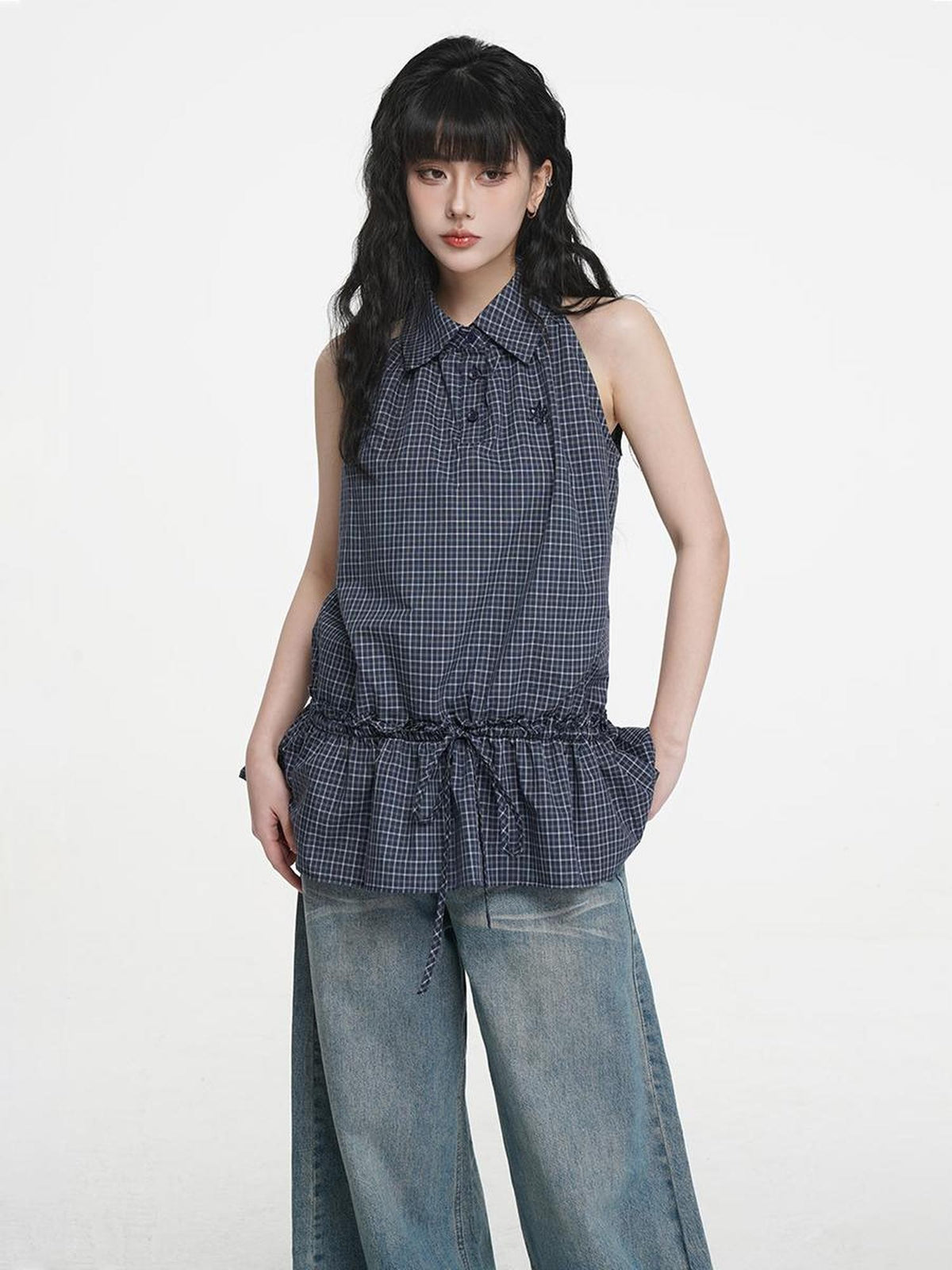 VEEMIX Plaid Halter Button Up Ruched Straight Fit Cotton Women's Tank Tops