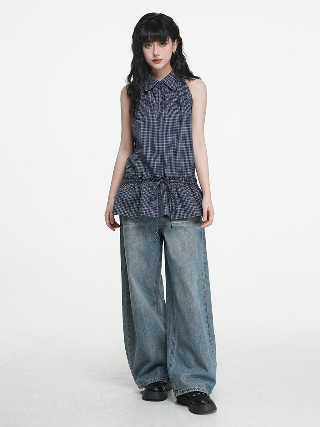 VEEMIX Plaid Halter Button Up Ruched Straight Fit Cotton Women's Tank Tops