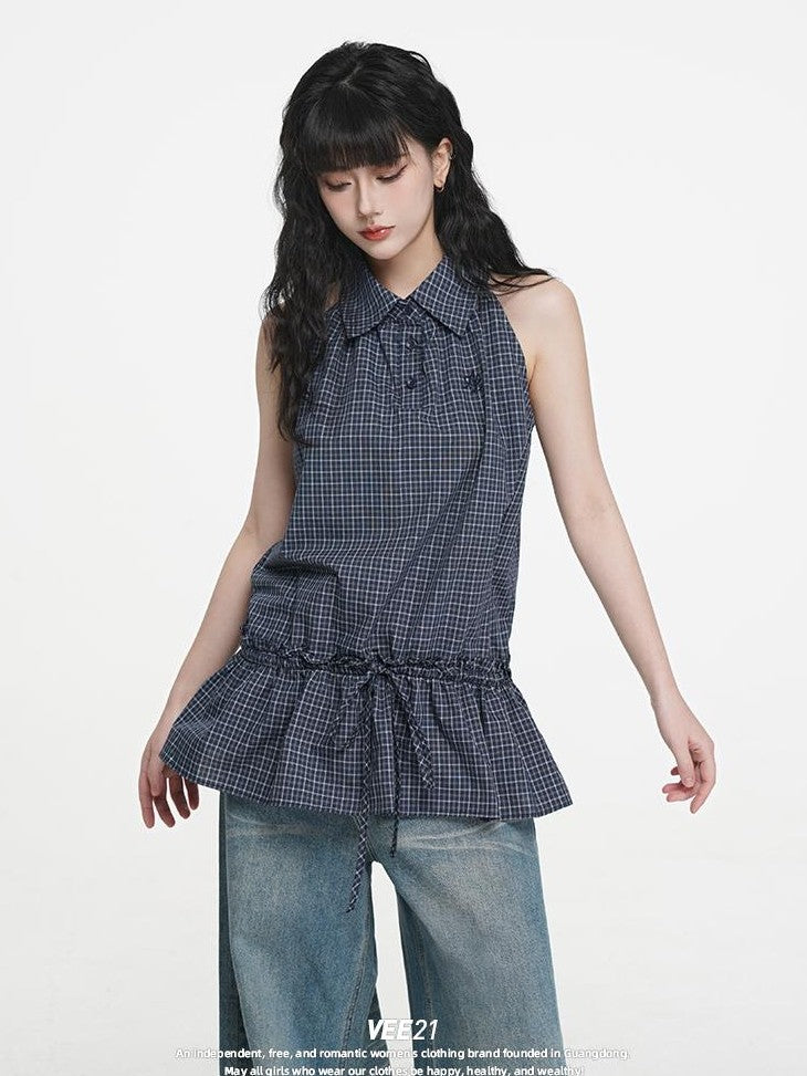 VEEMIX Plaid Halter Button Up Ruched Straight Fit Cotton Women's Tank Tops