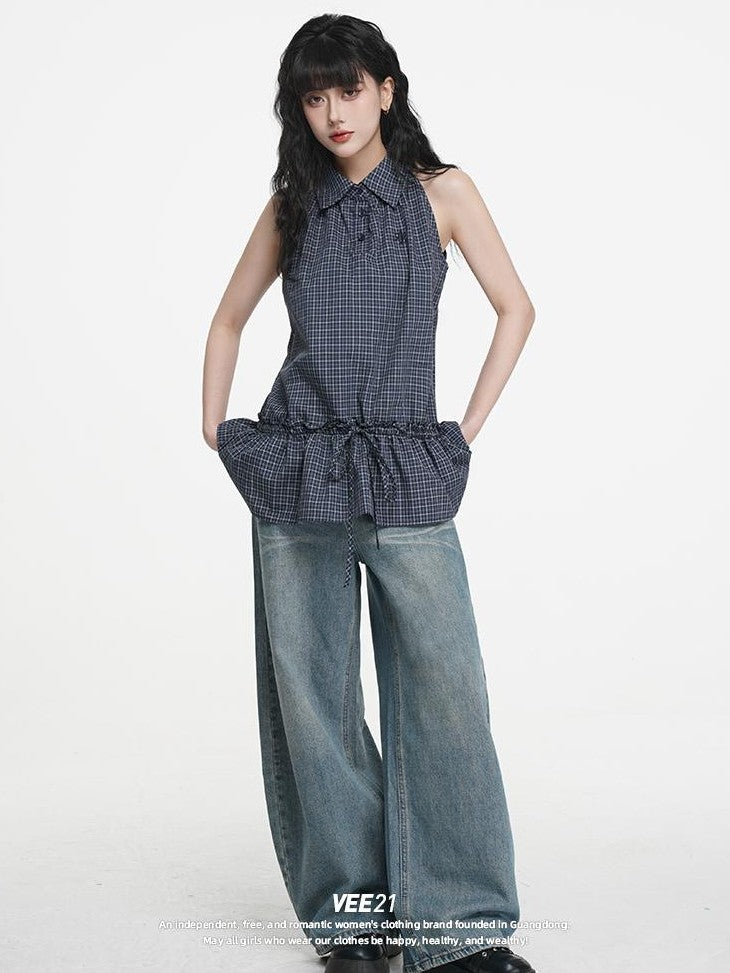 VEEMIX Plaid Halter Button Up Ruched Straight Fit Cotton Women's Tank Tops