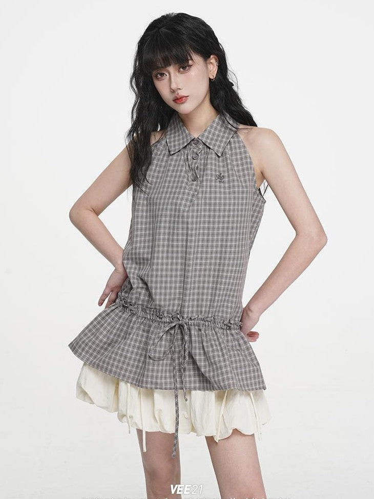 VEEMIX Plaid Halter Button Up Ruched Straight Fit Cotton Women's Tank Tops
