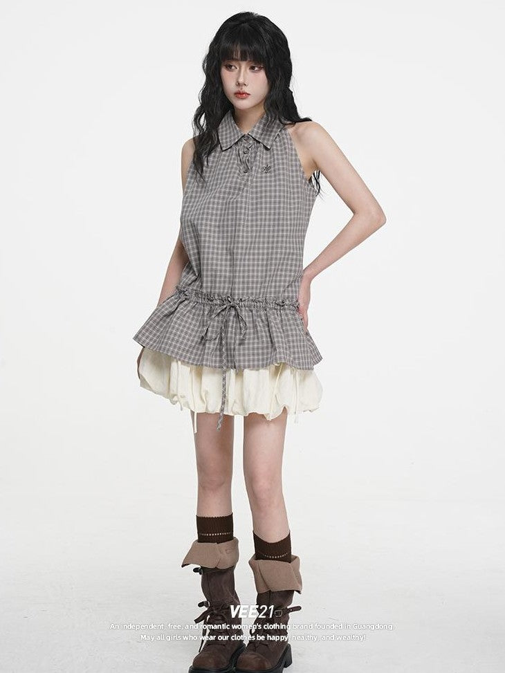 VEEMIX Plaid Halter Button Up Ruched Straight Fit Cotton Women's Tank Tops