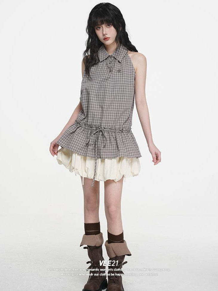VEEMIX Plaid Halter Button Up Ruched Straight Fit Cotton Women's Tank Tops