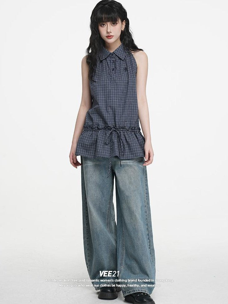 VEEMIX Plaid Halter Button Up Ruched Straight Fit Cotton Women's Tank Tops