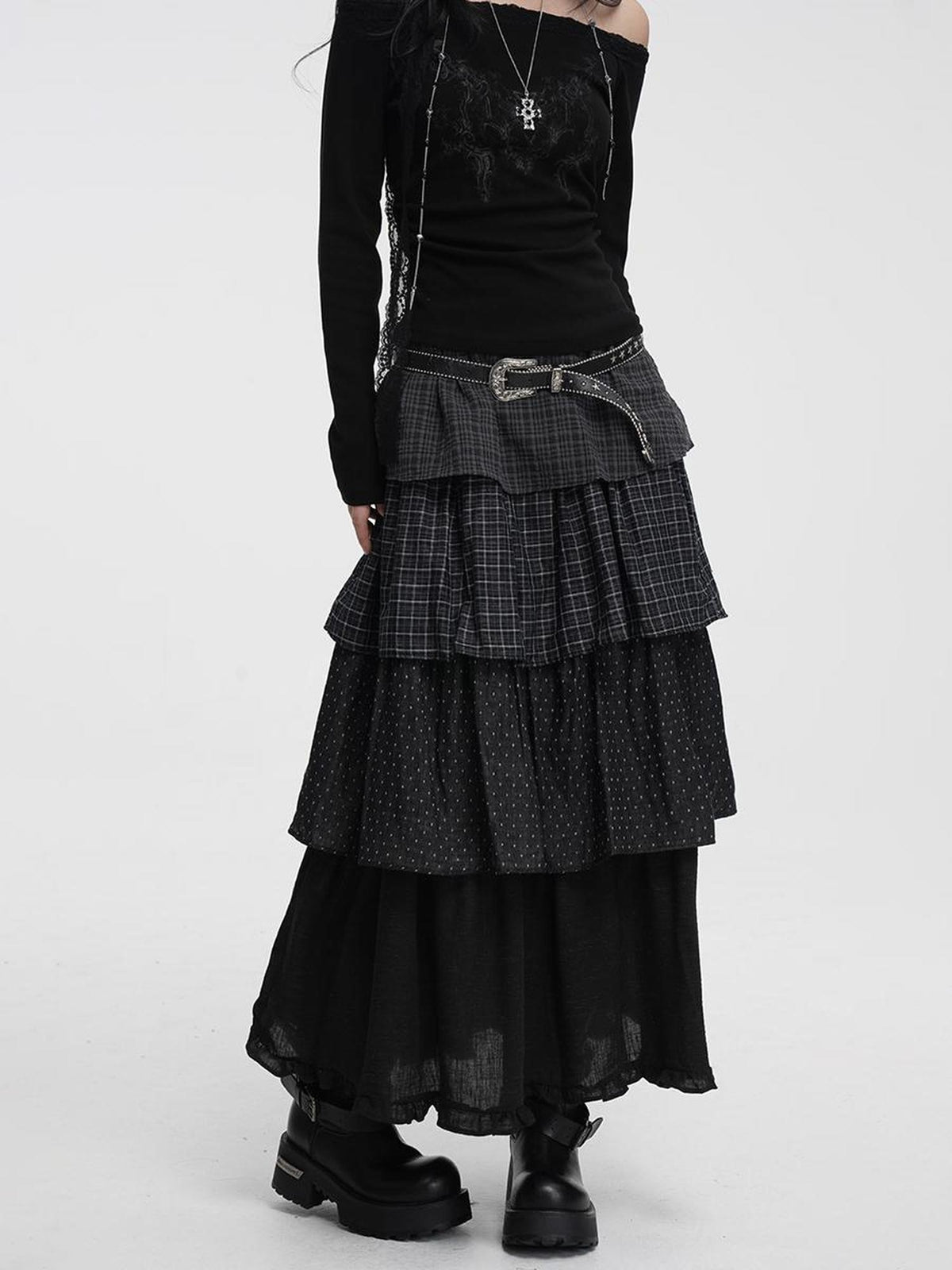 VEEMIX Plaid Layered Pleated A Line Women's Cotton Maxi Skirts