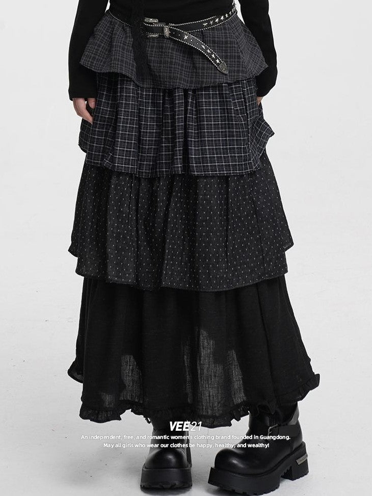 VEEMIX Plaid Layered Pleated A Line Women's Cotton Maxi Skirts