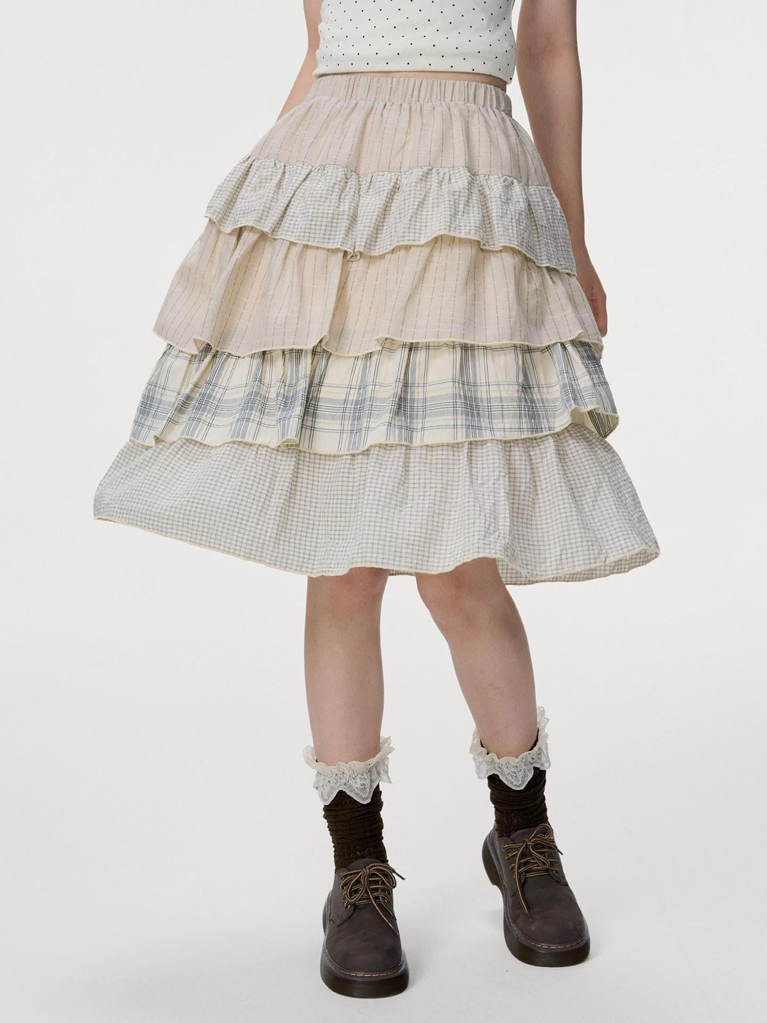VEEMIX Plaid Patchwork Cake High Waist Women's Cotton Polyester Tiered Skirts