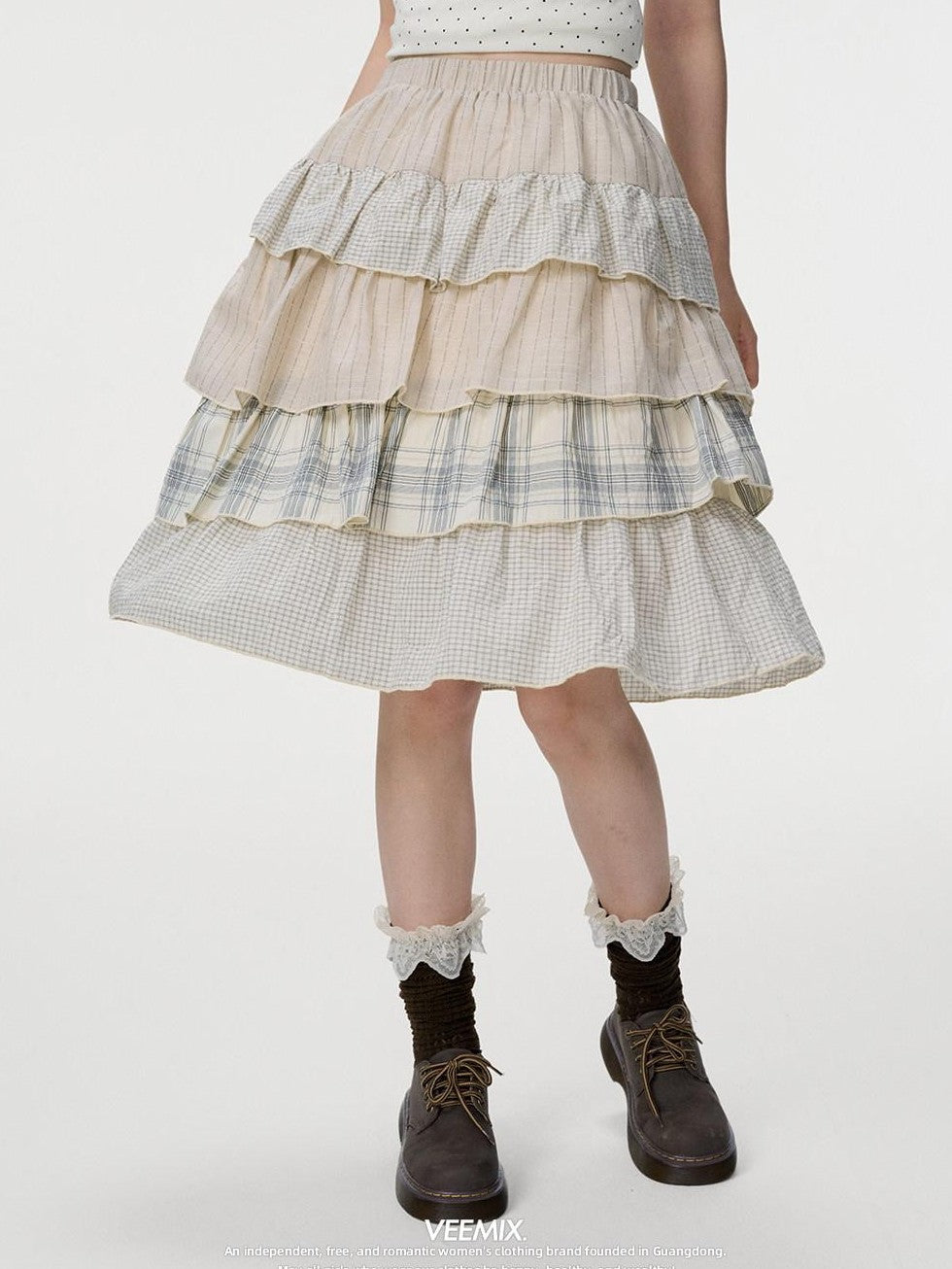 VEEMIX Plaid Patchwork Cake High Waist Women's Cotton Polyester Tiered Skirts