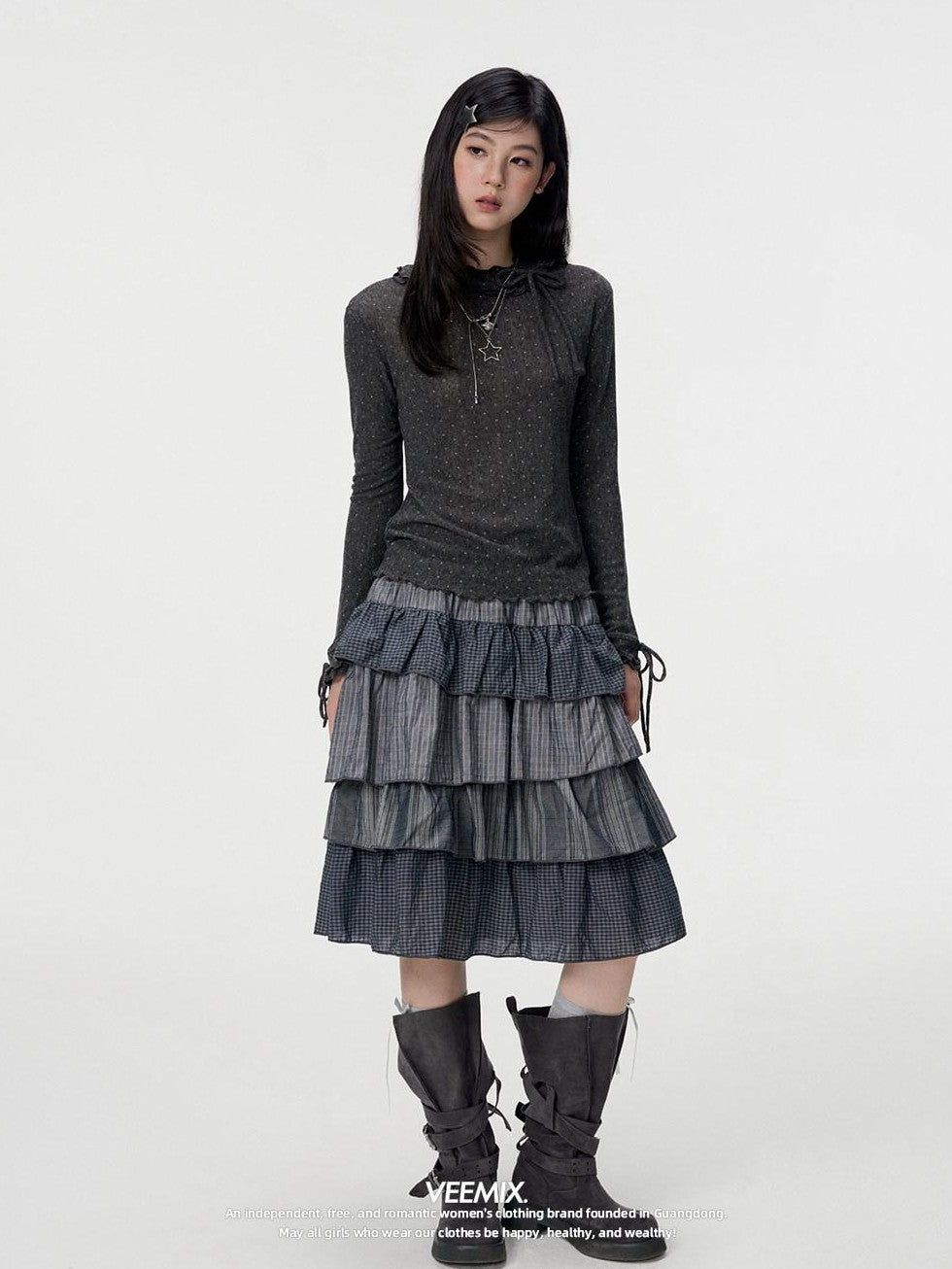 VEEMIX Plaid Patchwork Cake High Waist Women's Cotton Polyester Tiered Skirts