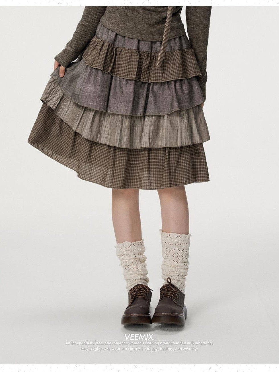VEEMIX Plaid Patchwork Cake High Waist Women's Cotton Polyester Tiered Skirts