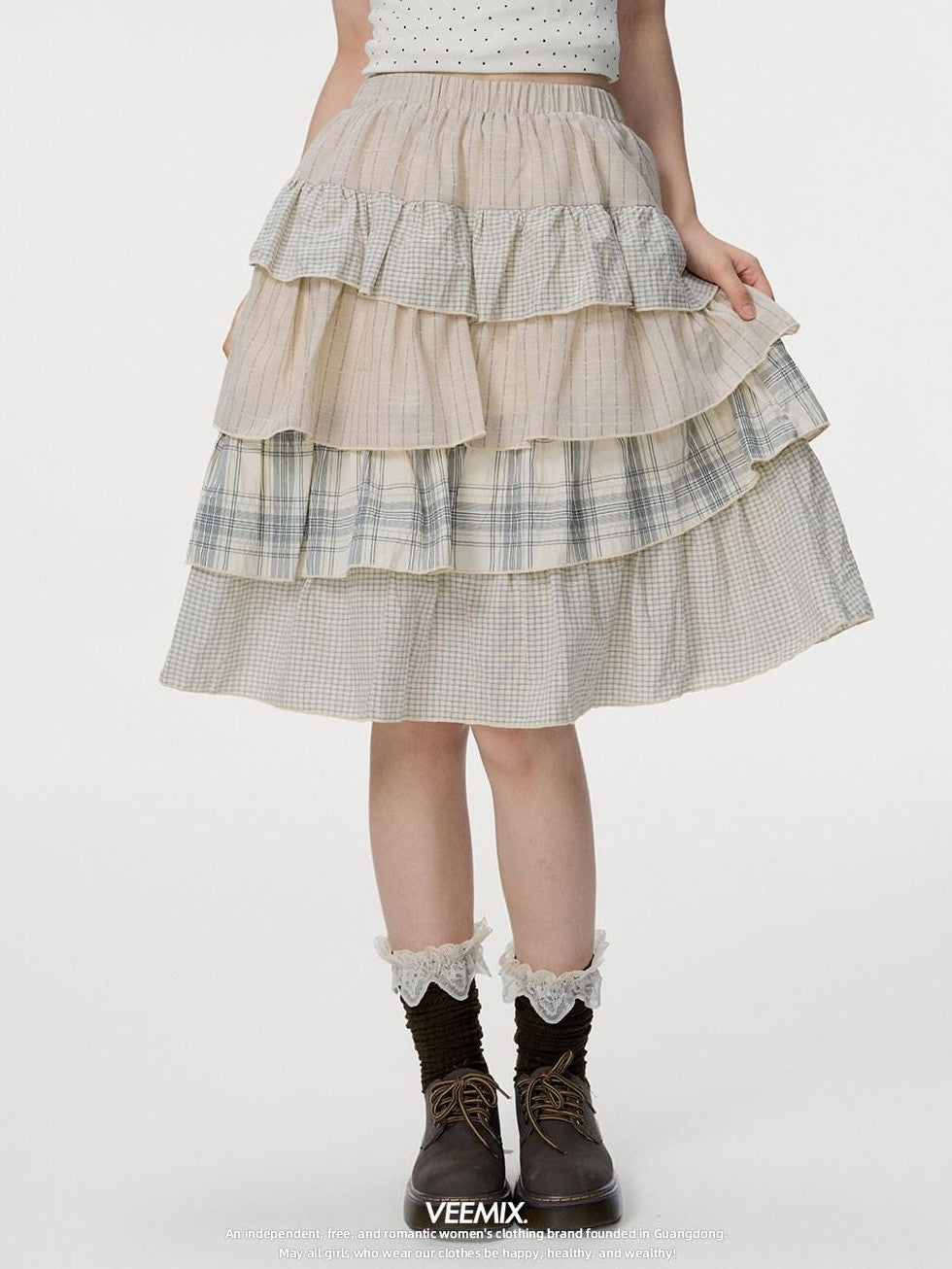 VEEMIX Plaid Patchwork Cake High Waist Women's Cotton Polyester Tiered Skirts