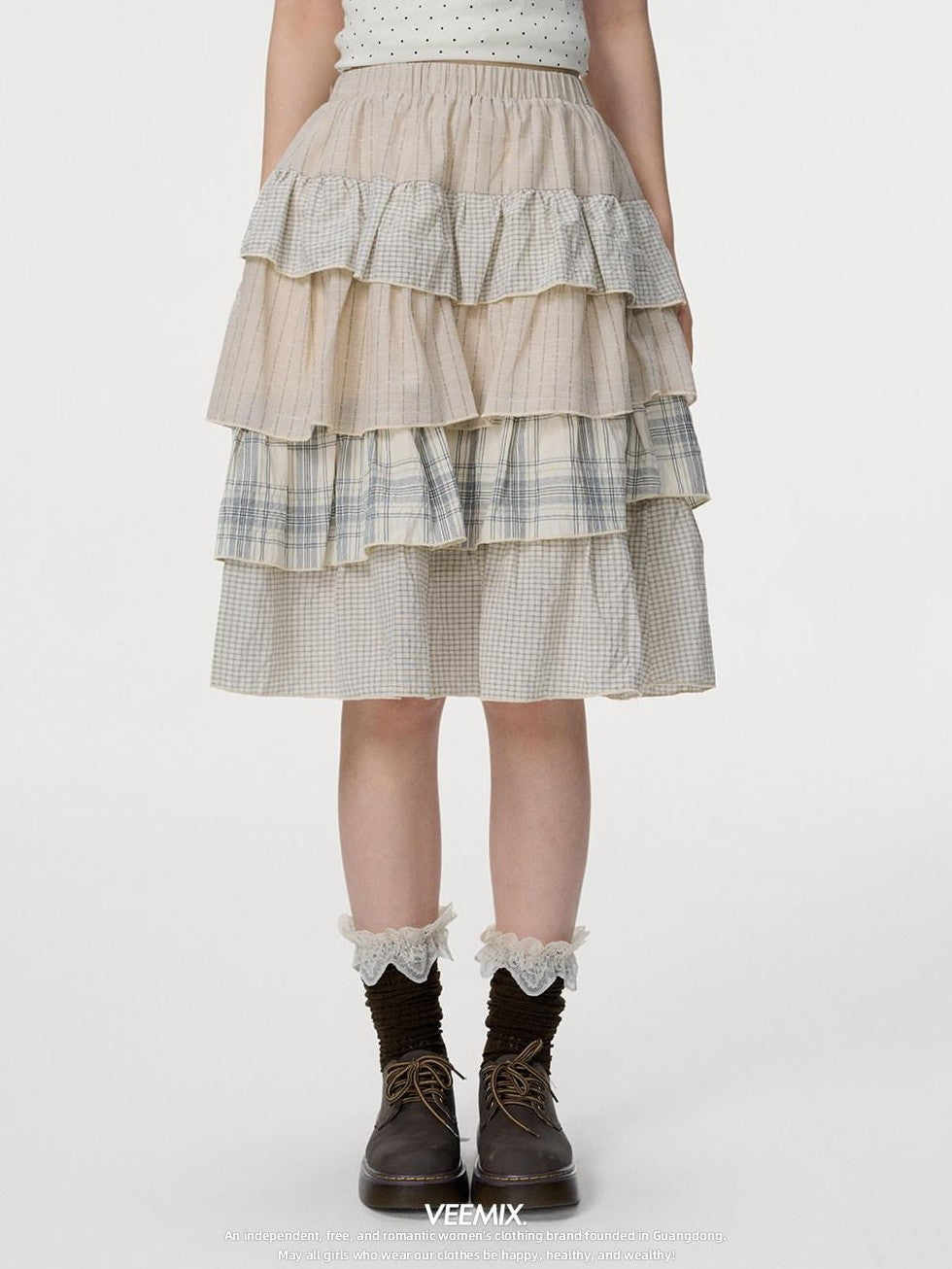 VEEMIX Plaid Patchwork Cake High Waist Women's Cotton Polyester Tiered Skirts
