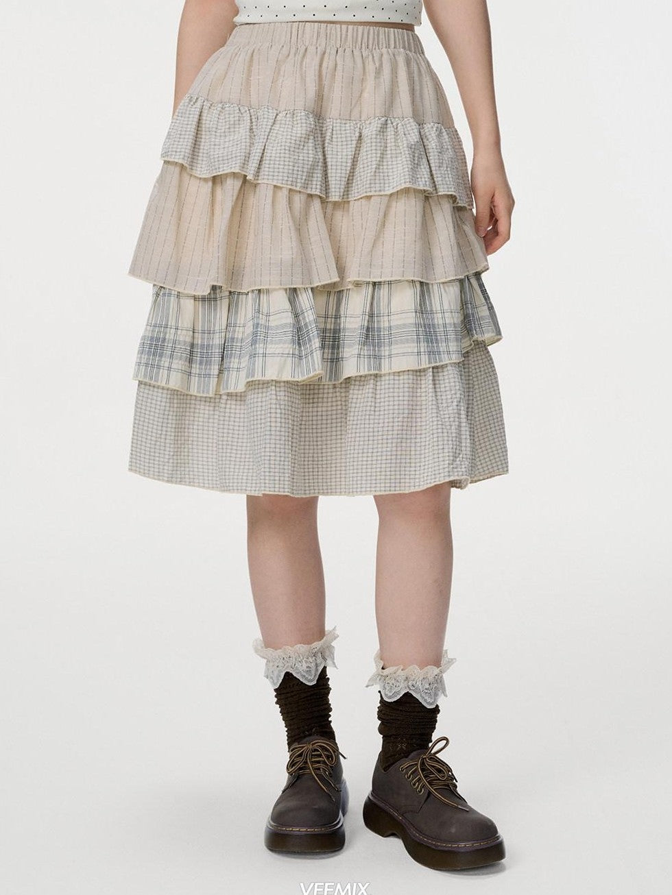 VEEMIX Plaid Patchwork Cake High Waist Women's Cotton Polyester Tiered Skirts