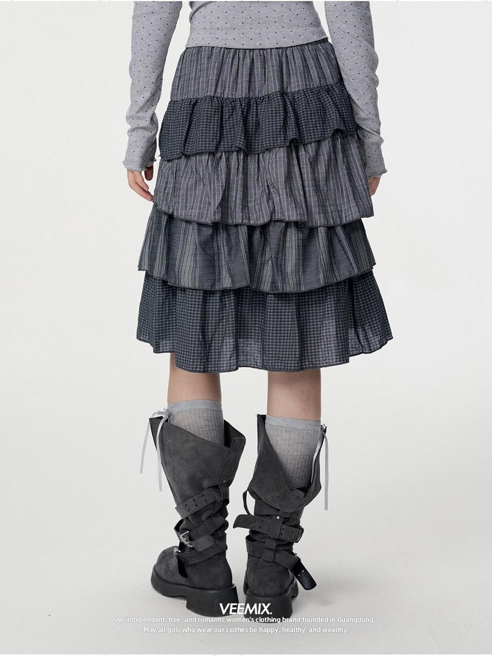 VEEMIX Plaid Patchwork Cake High Waist Women's Cotton Polyester Tiered Skirts