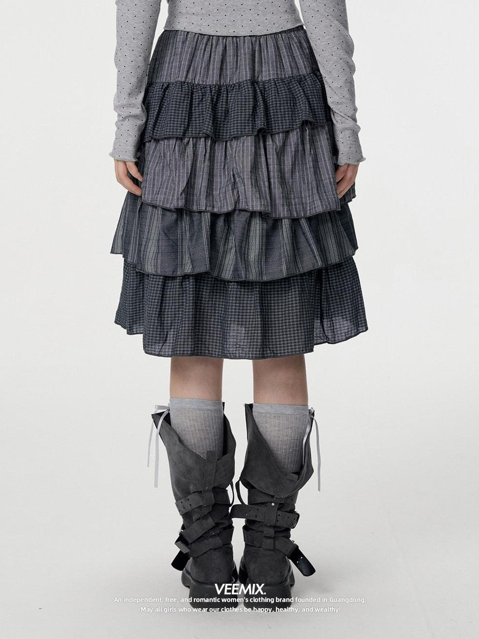 VEEMIX Plaid Patchwork Cake High Waist Women's Cotton Polyester Tiered Skirts