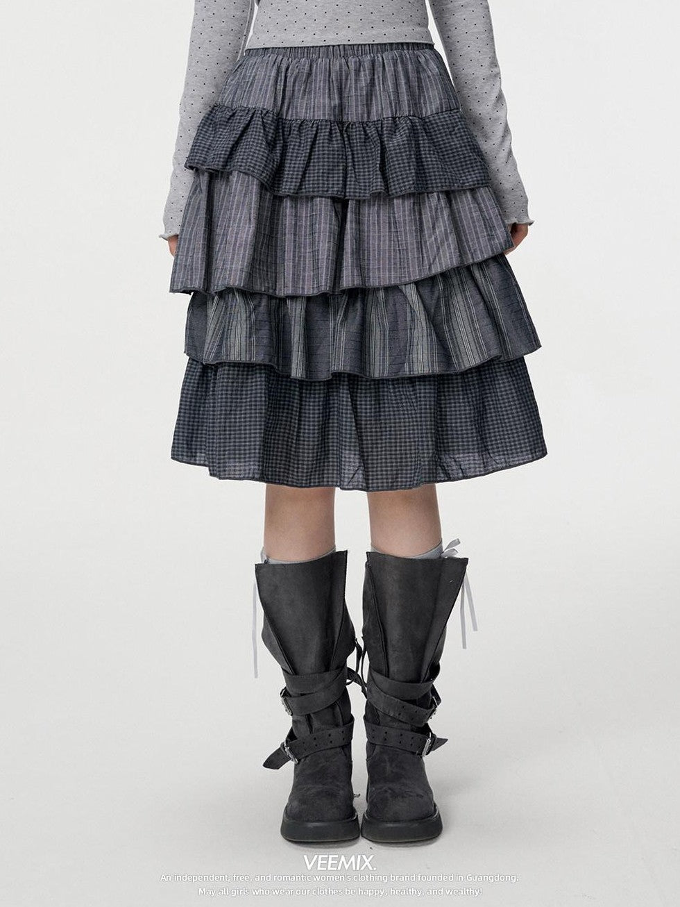 VEEMIX Plaid Patchwork Cake High Waist Women's Cotton Polyester Tiered Skirts