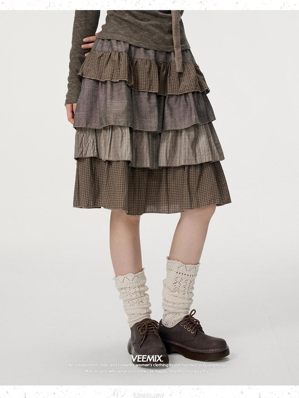 VEEMIX Plaid Patchwork Cake High Waist Women's Cotton Polyester Tiered Skirts