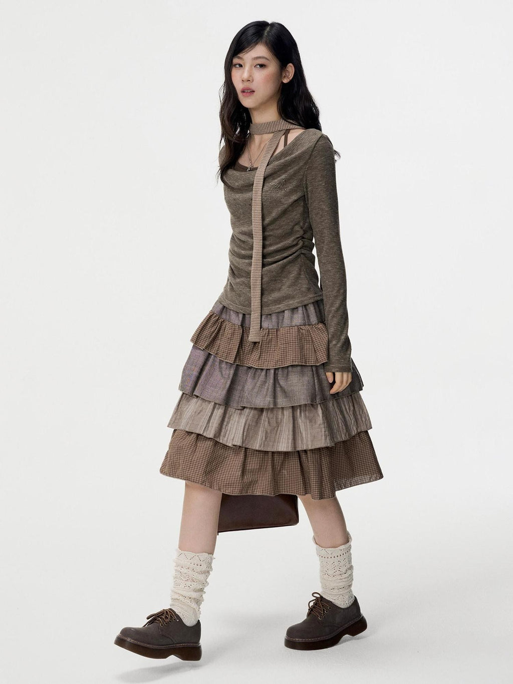 VEEMIX Plaid Patchwork Cake High Waist Women's Cotton Polyester Tiered Skirts