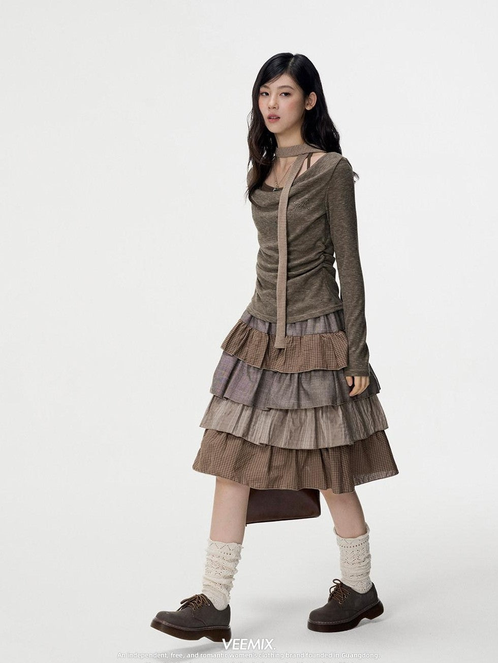 VEEMIX Plaid Patchwork Cake High Waist Women's Cotton Polyester Tiered Skirts
