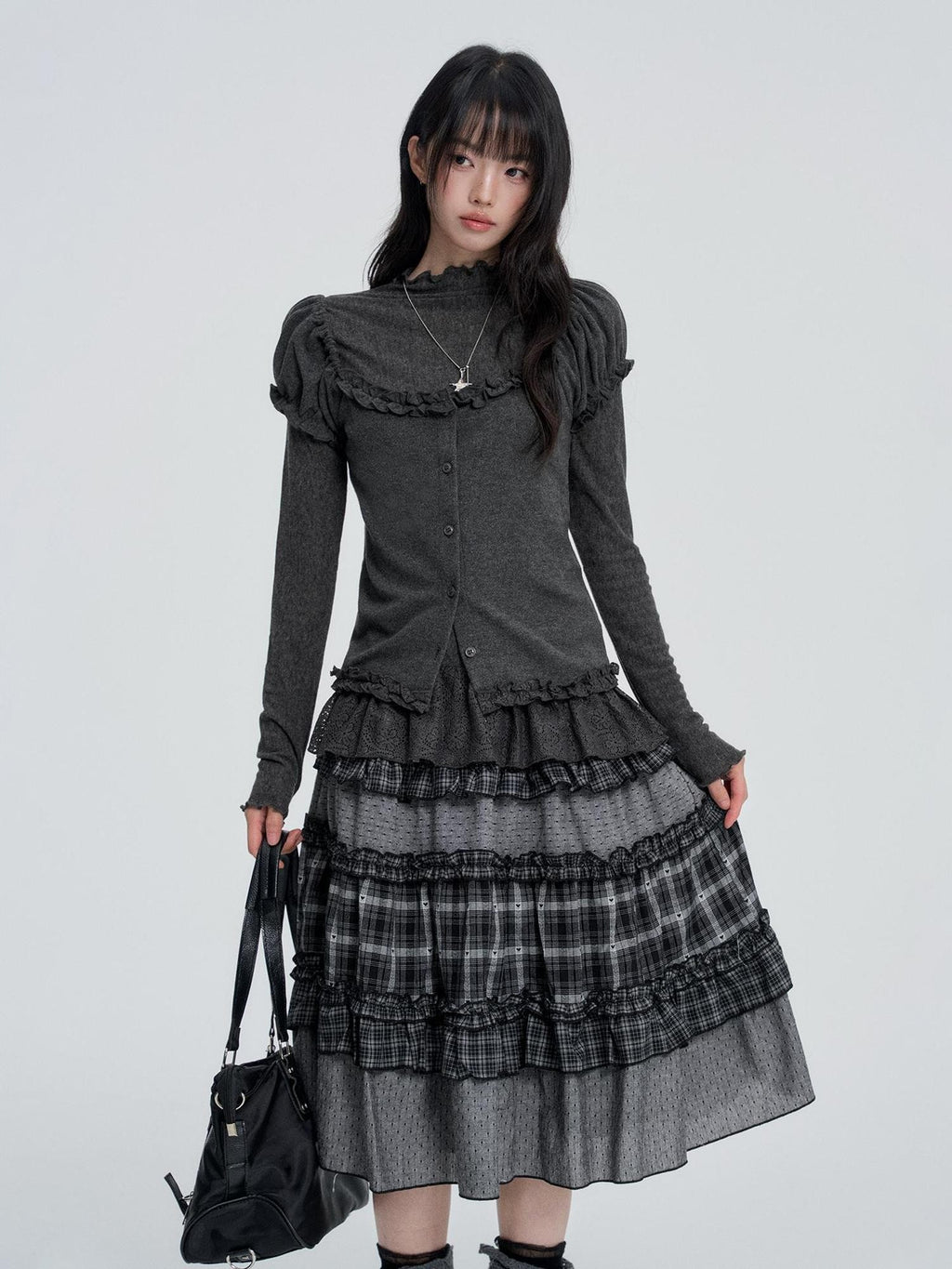 VEEMIX Plaid Patchwork Tiered High Waist A Line Women's Cotton Midi Skirts