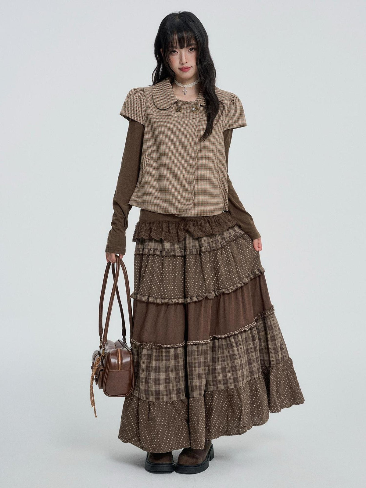 VEEMIX Plaid Polka Dot Spliced Tiered High Waist Women's Polyester Cotton Maxi Skirts