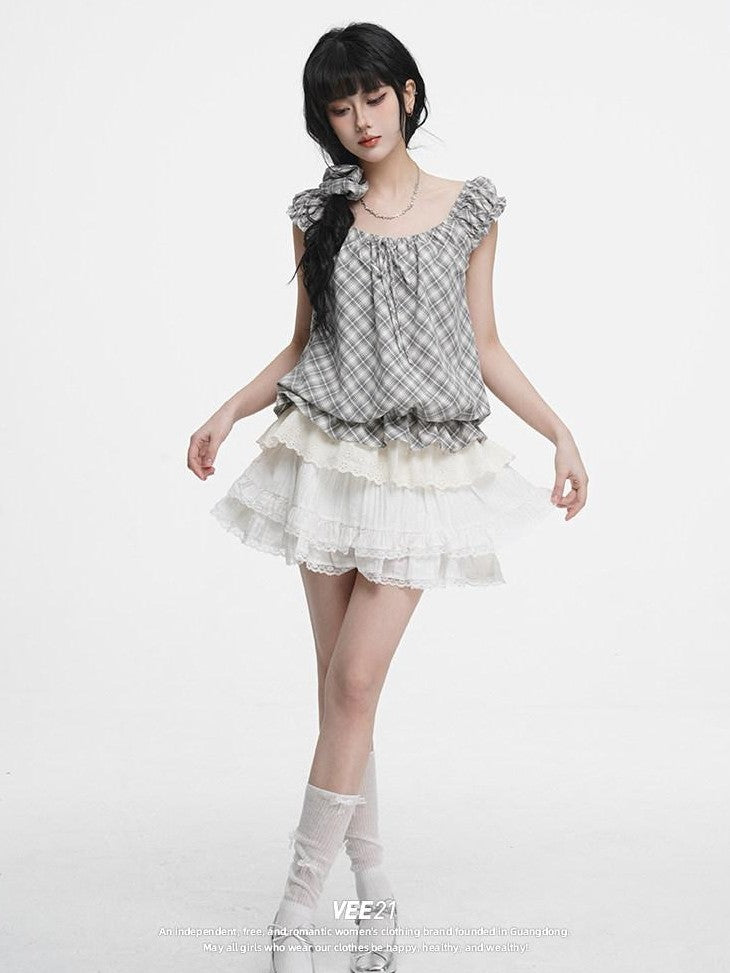 VEEMIX Plaid Round Neck Faux Two Piece Women's Cotton Loose Short Sleeve T-shirts