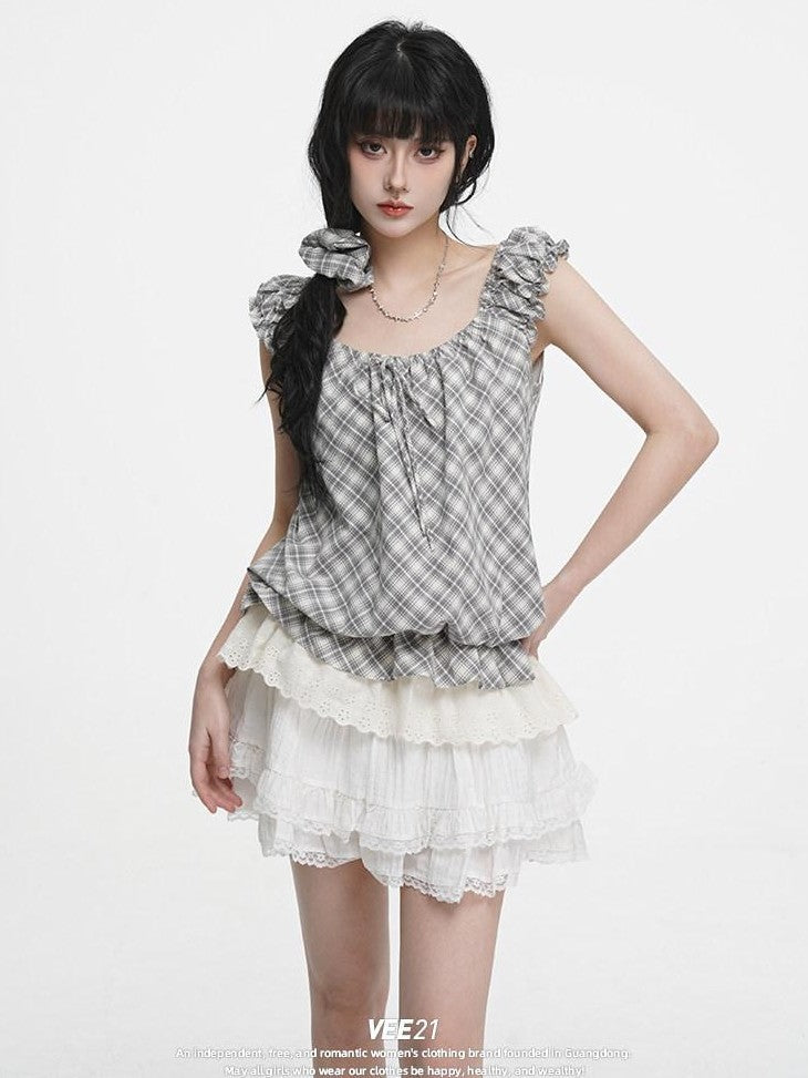 VEEMIX Plaid Round Neck Faux Two Piece Women's Cotton Loose Short Sleeve T-shirts
