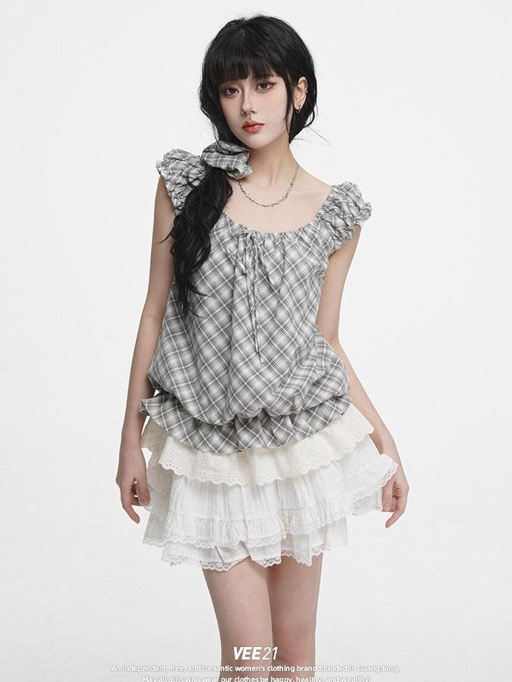 VEEMIX Plaid Round Neck Faux Two Piece Women's Cotton Loose Short Sleeve T-shirts