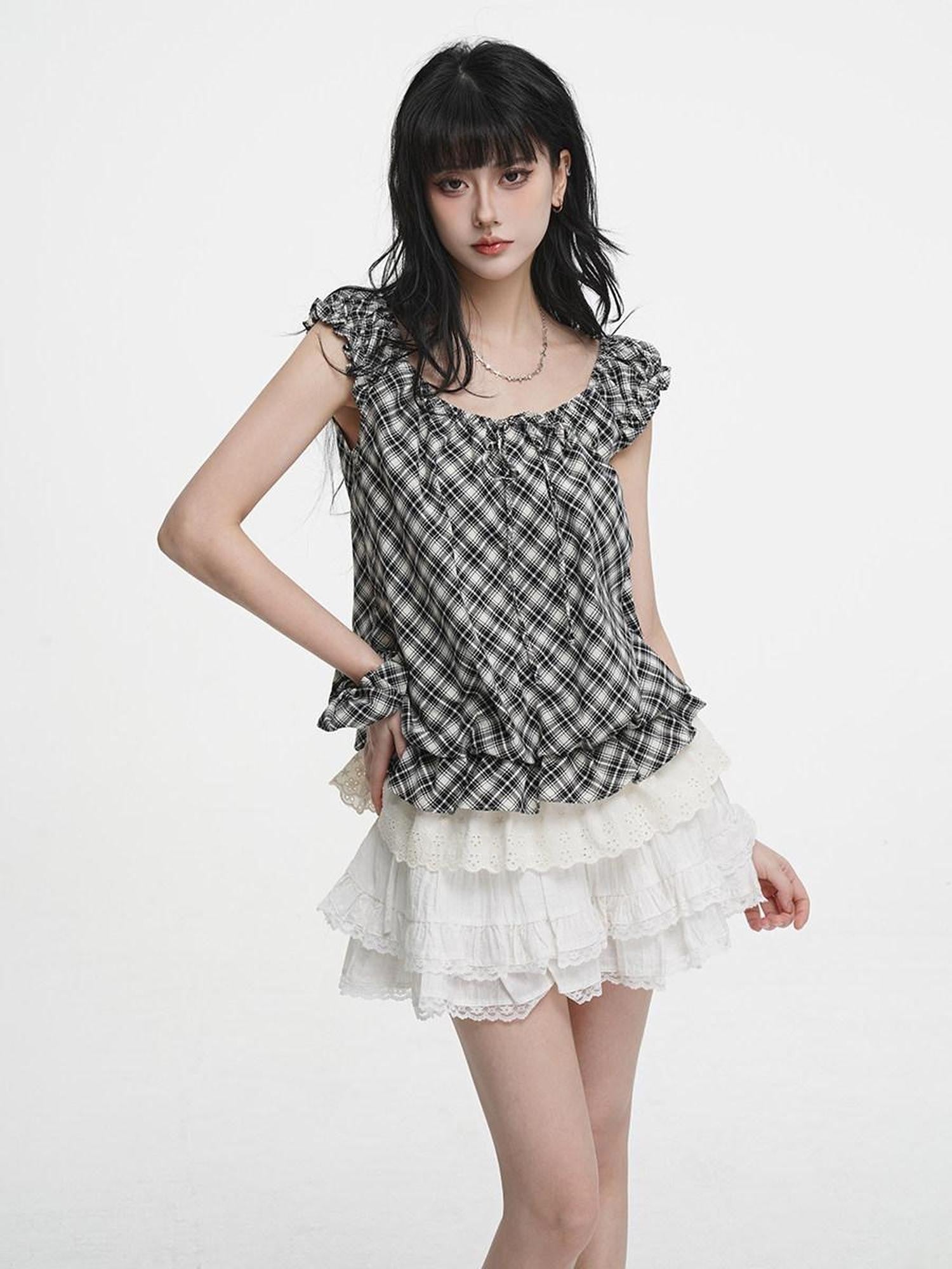 VEEMIX Plaid Round Neck Faux Two Piece Women's Cotton Loose Short Sleeve T-shirts